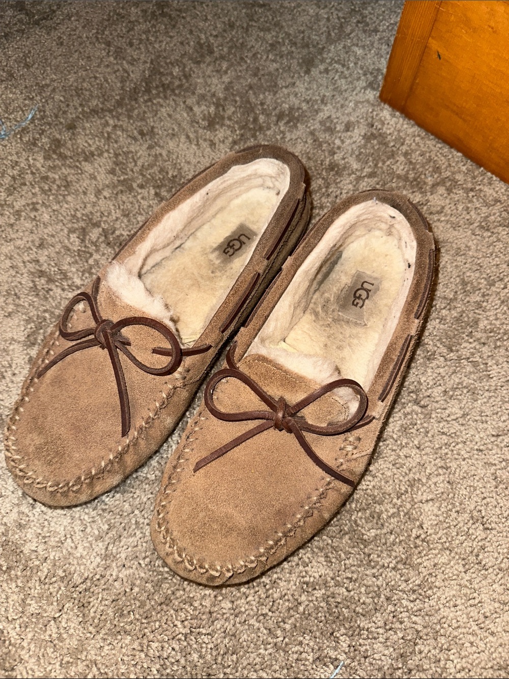 UGG Chestnut Suede Moccasin Slippers with Shearling